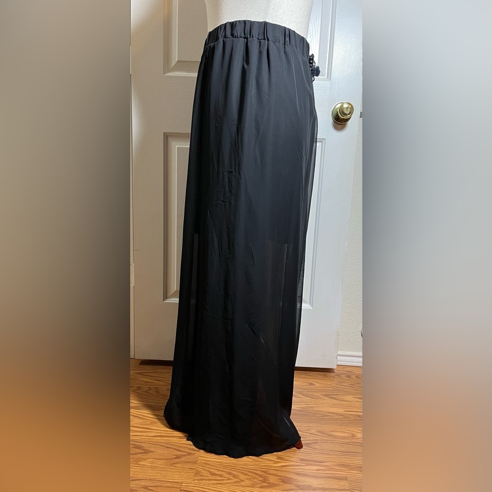 Pure Energy Flowy Black Maxi Skirt with Sheer Overlay - Picture 3 of 8